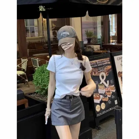 白色夏装短袖t恤女2025新款甜酷辣妹穿搭修身法式奶系温柔上衣ins商品大图