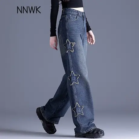 美式高街宽松阔腿牛仔裤女2025新款春季高腰毛边星星布贴直筒裤子商品大图