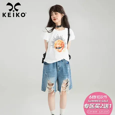 KEIKO 时髦印花荷叶袖正肩t恤女夏季今年流行圆领白色短袖上衣商品大图