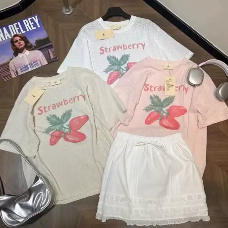 卡通草莓印花纯棉短袖T恤女韩国2025夏新款甜美减龄百搭宽松上衣商品大图