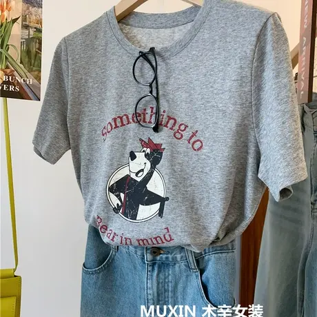 雪花棉字母小熊微宽松直筒夏季女式时尚青春休闲短袖上衣韩版T恤商品大图