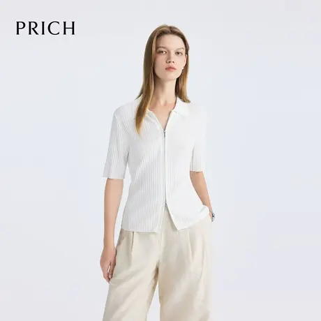 【超能小太阳】PRICH简约翻领拉链短袖薄针织开衫2025夏新款女图片