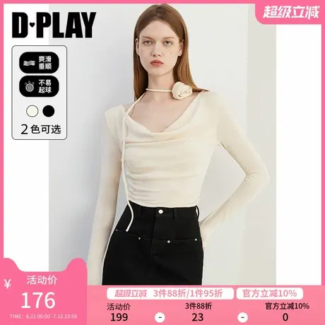DPLAY2025年春季新款气质白色T恤女立体花朵修身打底衫上衣长袖商品大图