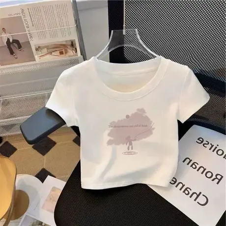 欧货白色正肩短款上衣女装2025年夏季新款甜酷风圆领修身短袖t恤图片