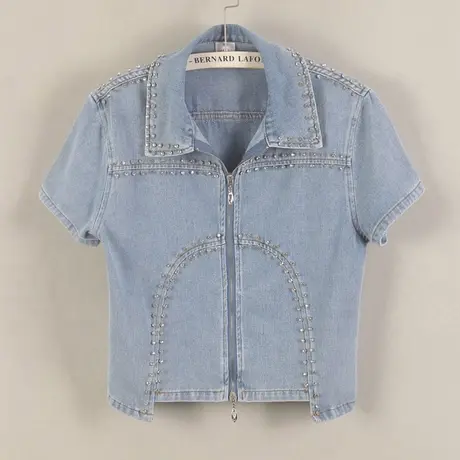 牛仔外套女春秋夏薄款短款韩版新款时尚显瘦短袖镶钻拉链上衣外搭图片