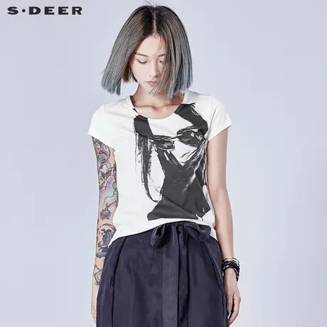 sdeer圣迪奥2018夏装潮趣味人物黑白印花弹力短袖T恤女S16280118图片