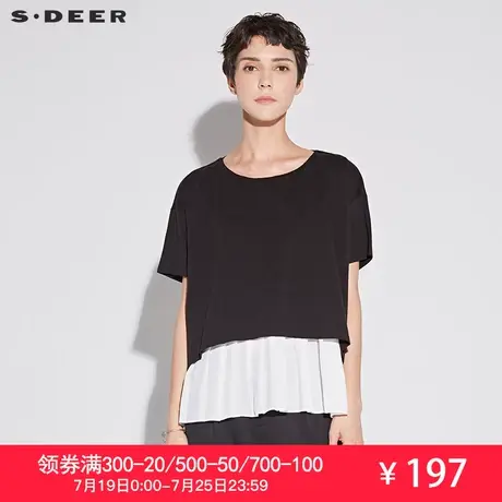 sdeer圣迪奥2019夏装宽松黑白百褶拼接圆领T恤S17280196图片