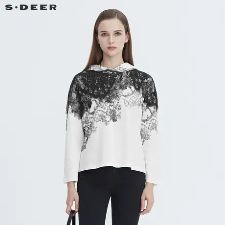 sdeer圣迪奥女装个性连帽蕾丝拼接短款卫衣S20482205图片