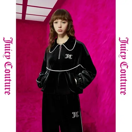 Juicy Couture橘滋春夏新款上衣休闲绒衫百搭丝绒黑色刺绣卫衣女图片