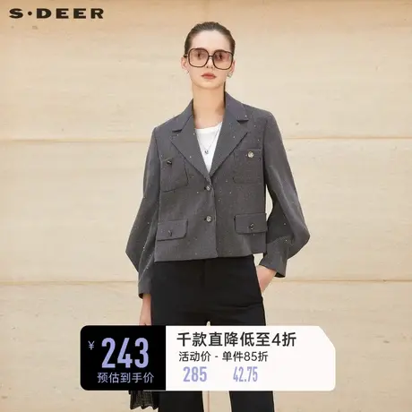 sdeer圣迪奥女装复古西装领格纹宫廷袖外套S23362201图片
