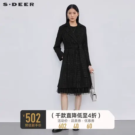 sdeer圣迪奥女装翻领肌理格纹收腰网纱冬季毛呢大衣S223Z1853图片