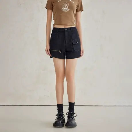 A21黑色牛仔短裤女士2025夏季新款薄款工装直筒显瘦水洗三分裤商品大图