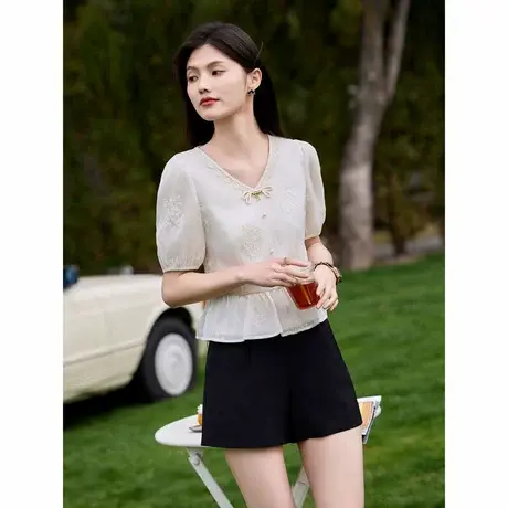 时尚气质衬衫2024年夏季新款女V领显瘦蓬蓬边温柔百搭套头上衣商品大图