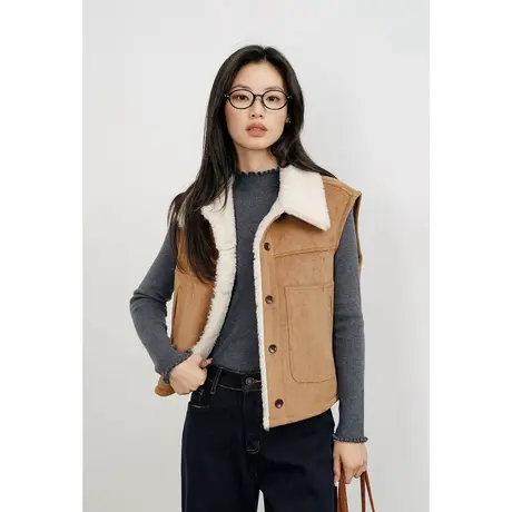 弥古咖色翻领美拉德马甲女鹿皮绒短外套秋冬新款皮毛一体马夹背心商品大图