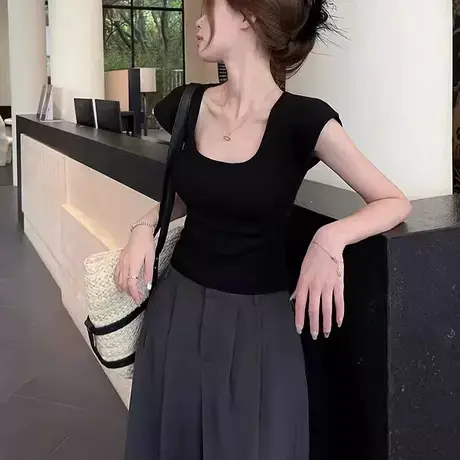 2025新款夏季短袖t恤女装冰丝针织小衫方领修身显瘦高腰辣妹上衣商品大图