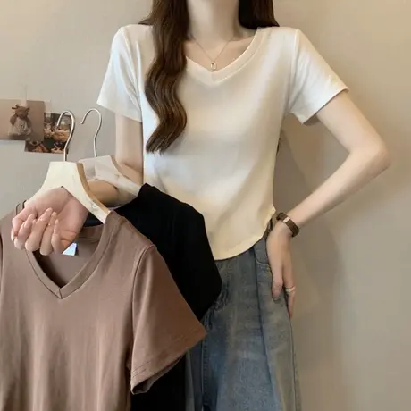 小个子短款V领修身小衫T恤女夏季韩版百搭弧形下摆辣妹半袖上衣潮商品大图