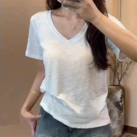 竹节棉白色V领正肩短袖T恤女夏季韩版修身内搭可外穿打底衫上衣潮商品大图