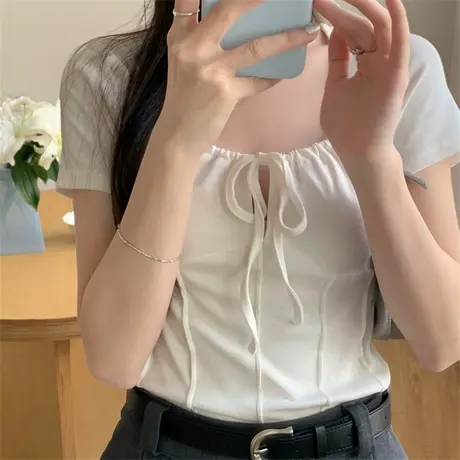 温柔风设计感小众纯欲系带方领短袖T恤女夏修身短款打底上衣图片
