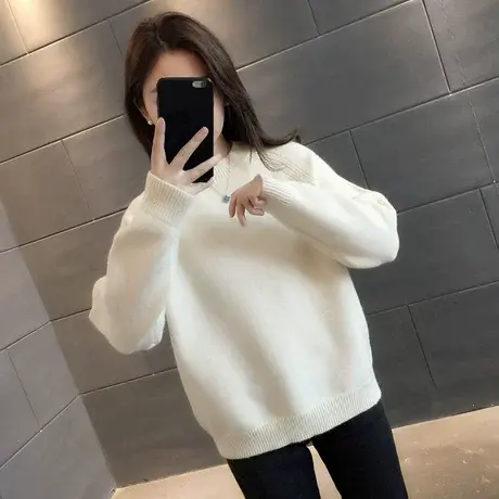 2025秋冬新款加厚圆领毛衣女宽松显瘦洋气针织衫上衣内搭打底毛衣商品大图