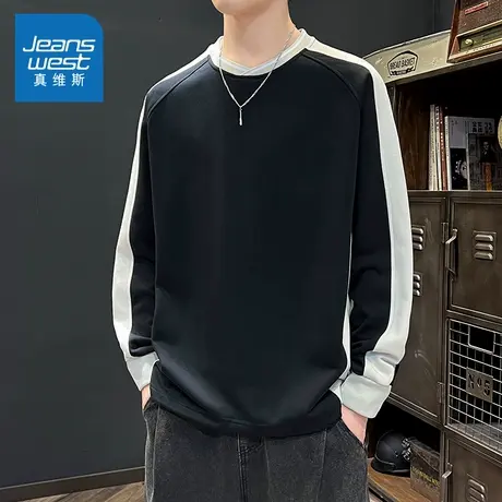 N5真维斯男士圆领卫衣2025秋季新款美式宽松撞色拼接男生春秋上衣商品大图