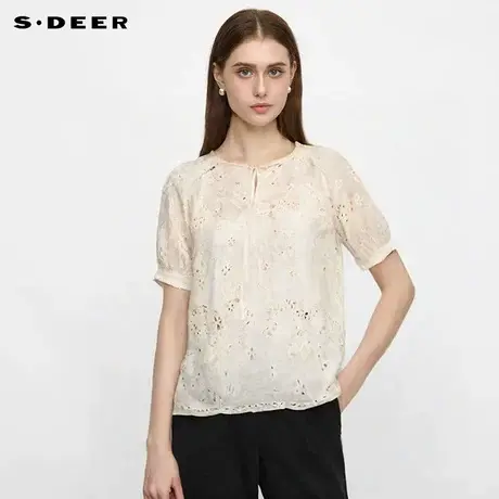 sdeer圣迪奥女装25年新品田园风圆领绣花不规则短袖上衣S252Z3229商品大图
