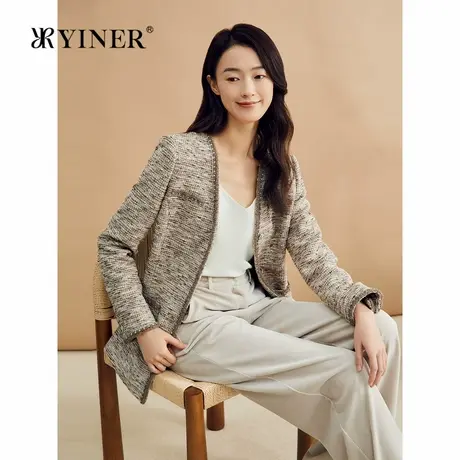 YINER音儿秋季法式一手长V领粗花呢优雅小香风休闲短外套图片