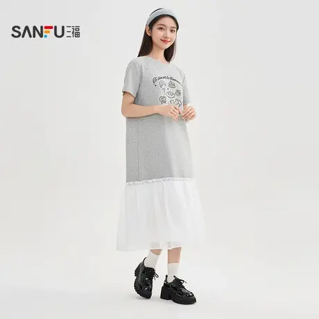 三福连衣裙2025夏季美食线条印花圆领拼接网纱裙子女装506627图片