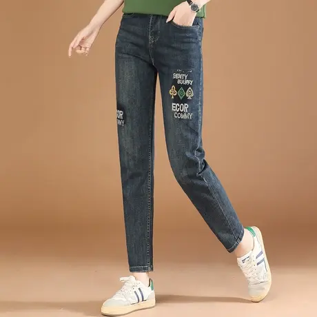 韩潮袭人复古刺绣高腰直筒牛仔裤女2024春季新款宽松哈伦长裤子图片