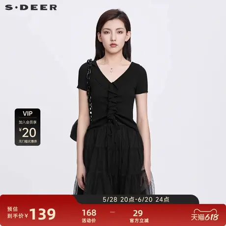 S·DEER圣迪奥女装优雅V领抽褶堆叠修身黑色针织衫S22283509图片