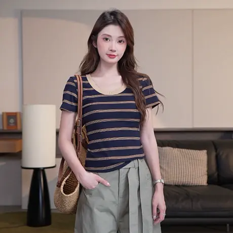 尔给T恤夏季百搭显瘦条纹T恤女大圆领修身上衣商品大图