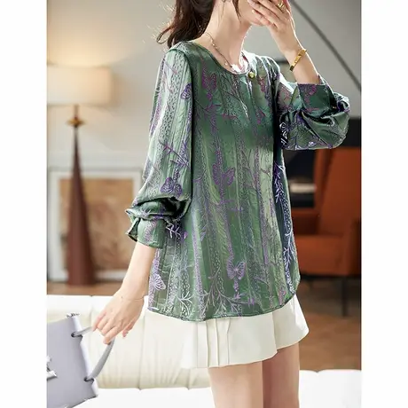 宝诗黎圆领印花宽松长袖雪纺衫女2025春季气质洋气百搭小衫上衣图片