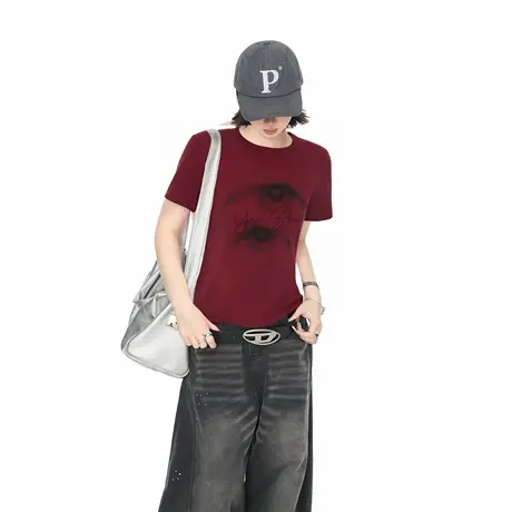 2025夏季新款正肩修身短款眼镜印花短袖T恤女美式辣妹风半袖上衣图片