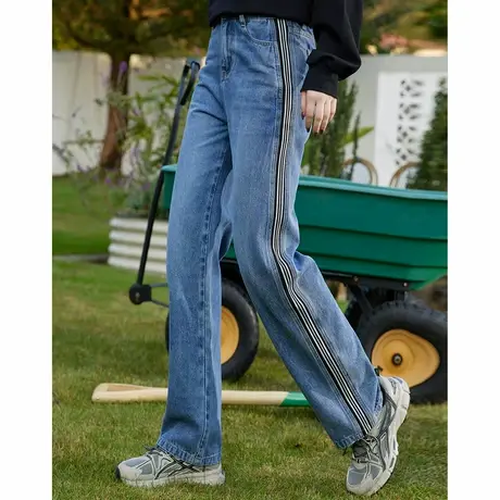 a02三条杠设计高街垂感直筒裤2025春季遮肉显瘦水洗女式牛仔裤商品大图