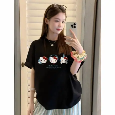 流行款ins宽松大码潮牌美式复古卡通印花HelloKitty纯棉短袖t恤女商品大图