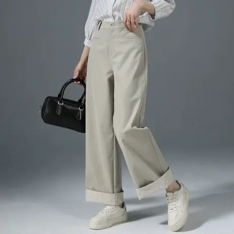 小个子拼接条纹翻边阔腿裤女春秋2025新款宽松九分直筒裤休闲裤子商品大图