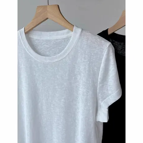 新款夏季亚麻短袖白色圆领正肩t恤女简约薄款雪花棉宽松上衣潮图片