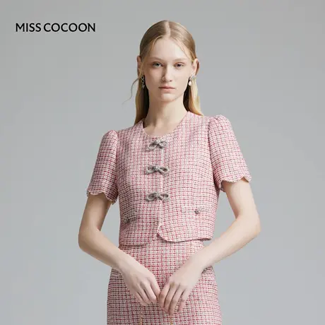 COCOON可可尼 商场同款手工钻链蝴蝶结装饰粗花呢外套上衣女商品大图