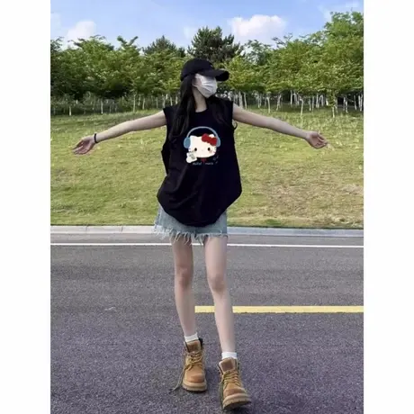 黑色坎肩背心hellokitty猫女夏外穿2025新款宽松学生无袖t恤上衣商品大图