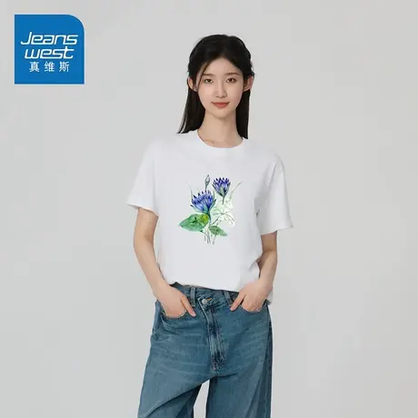 GC真维斯短袖宽松莲花印花t恤女高级感纯棉布料圆领显瘦短袖上衣商品大图