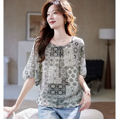 宝诗黎【新品价168元】圆领七分袖印花衬衫JT1178图片