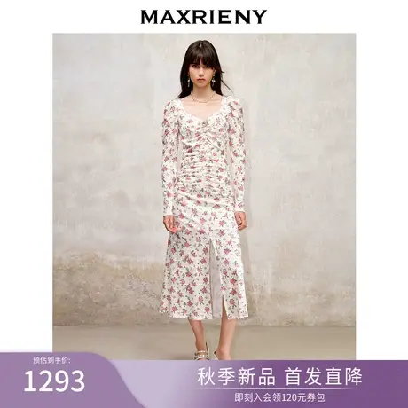 MAXRIENY玫瑰丝绒提花连衣裙2023秋冬新款度假仙美开叉裙子修身图片