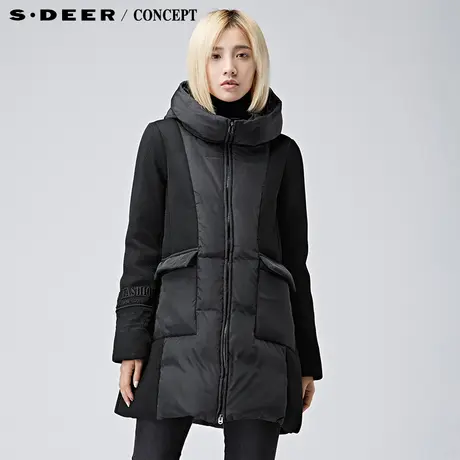 【冬装新品】sdeer圣迪奥女装极简廓形拼接纯黑羽绒服S16482461图片
