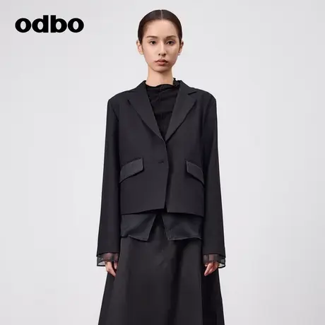odbo/欧迪比欧休闲气质网纱拼接黑色小西装外套女春季2023新款商品大图