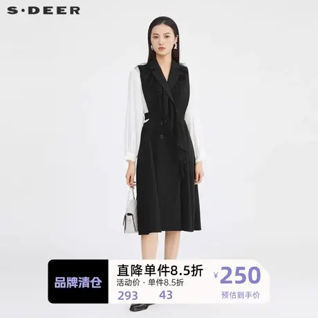 sdeer圣迪奥女装西装领网纱撞色拼接长款风衣S223Z1821图片
