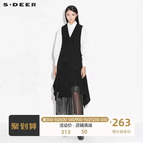 sdeer圣迪奥女装休闲V领肌理褶皱长款无袖马甲S21381602图片