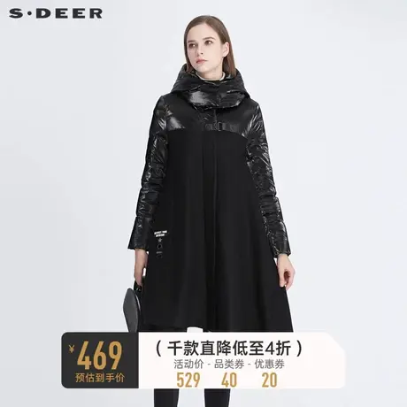 sdeer圣迪奥冬季女装高领连帽拼接羽绒黑色风衣外套S20481701图片