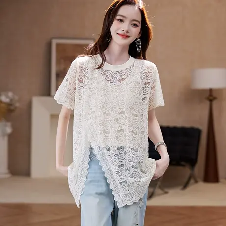 宝诗黎【新品价128元】圆领蕾丝镂空短袖T恤AKV7014商品大图