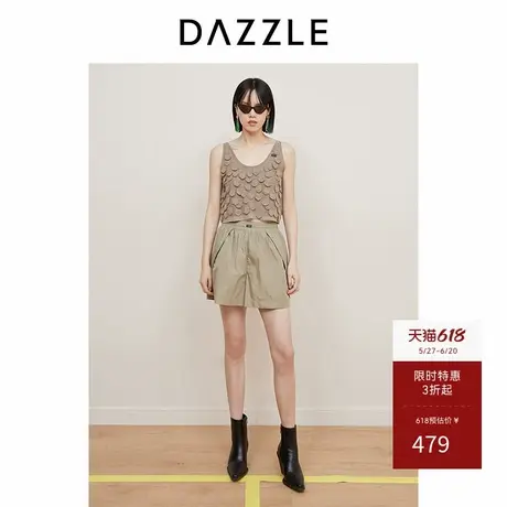 DAZZLE地素奥莱 休闲裤春夏女装复古松紧腰工装风直筒短裤商品大图