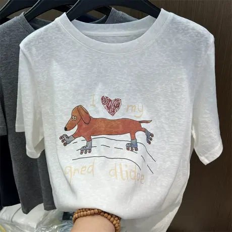 2025夏装新款宽松字母小狗图案印花雪花棉短袖T恤女洋气百搭上衣商品大图