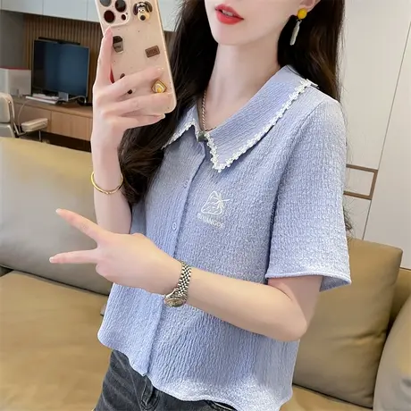 翻领polo衫正肩短袖t恤女夏季韩版修身显瘦小个子短款褶皱上衣服图片